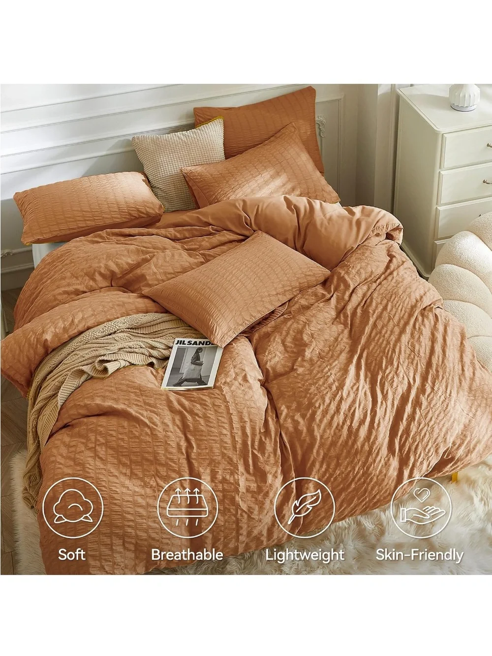NEW JELLYMONI Burnt Orange Seersucker Duvet Cover Set. Twin w/ Zipper and ties